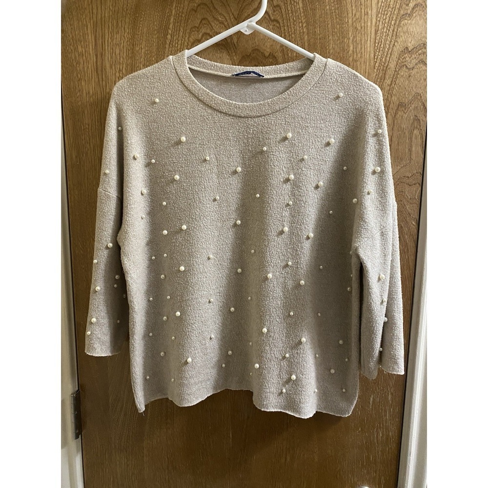 ZARA TRAFALUC Women's Beige Ivory Pearl Beaded Crop Blouse Oversized Size Small